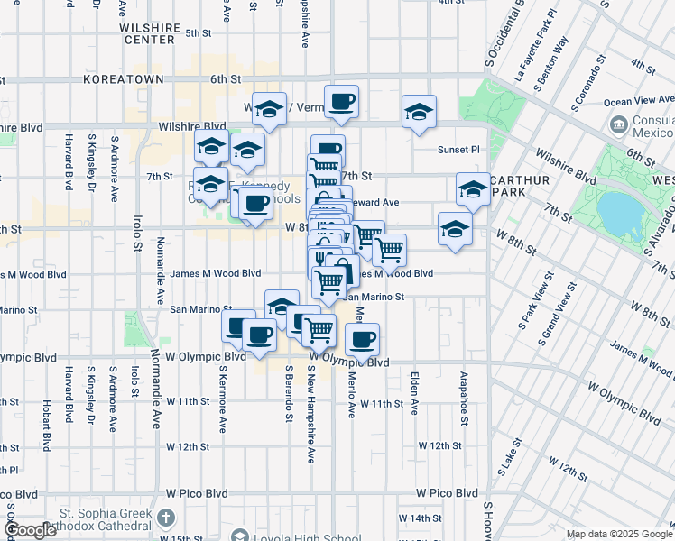 map of restaurants, bars, coffee shops, grocery stores, and more near 888 South Vermont Avenue in Los Angeles