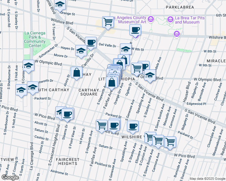 map of restaurants, bars, coffee shops, grocery stores, and more near 1077 South Fairfax Avenue in Los Angeles