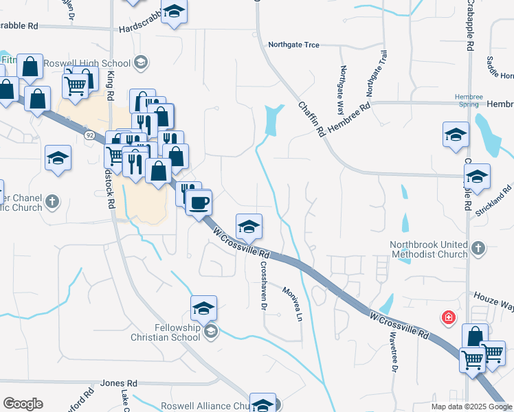 map of restaurants, bars, coffee shops, grocery stores, and more near Pine Glade Trce in Roswell