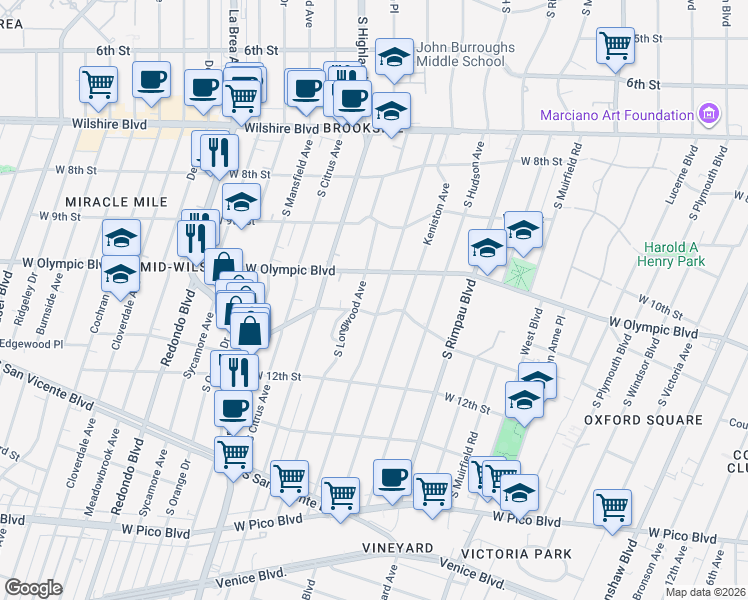 map of restaurants, bars, coffee shops, grocery stores, and more near 1037 South Tremaine Avenue in Los Angeles