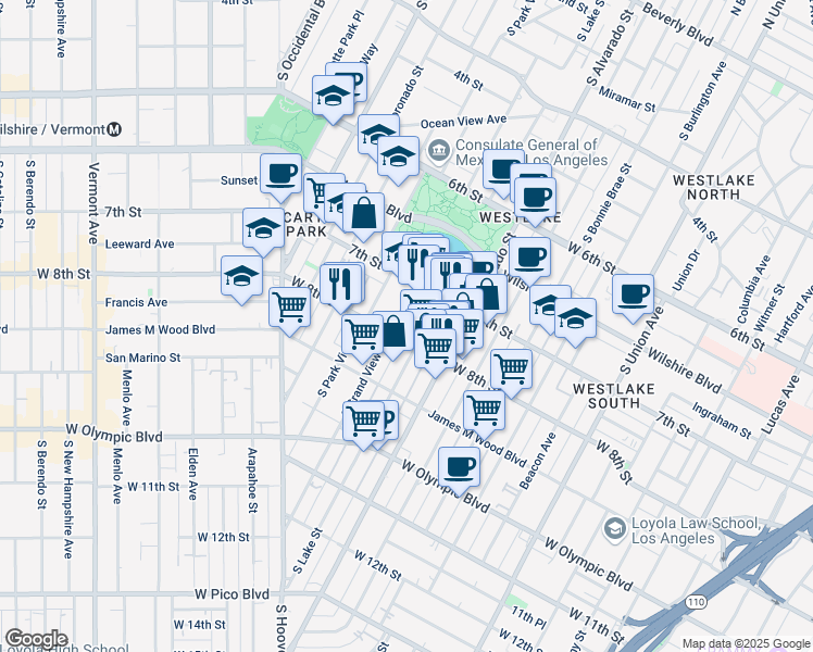 map of restaurants, bars, coffee shops, grocery stores, and more near 739 1/2 South Lake Street in Los Angeles