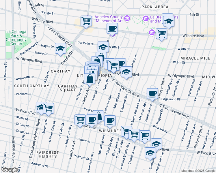 map of restaurants, bars, coffee shops, grocery stores, and more near 1058 South Ogden Drive in Los Angeles