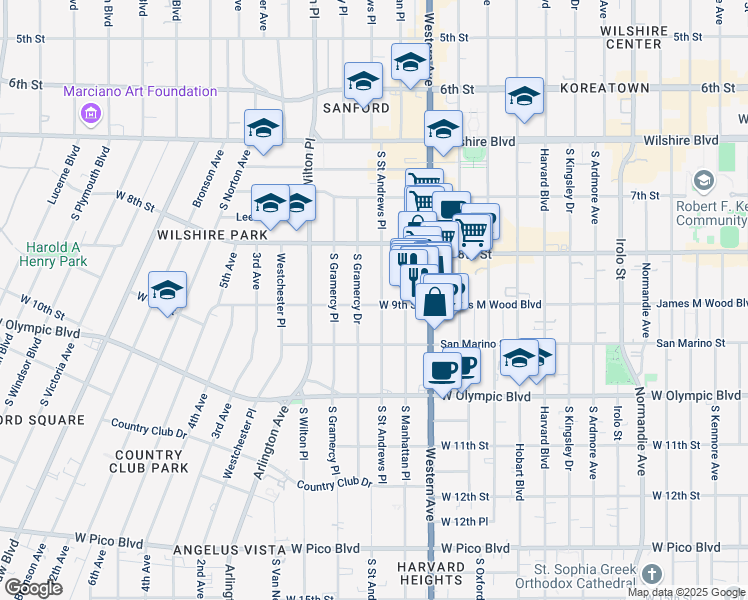 map of restaurants, bars, coffee shops, grocery stores, and more near 864 South Saint Andrews Place in Los Angeles