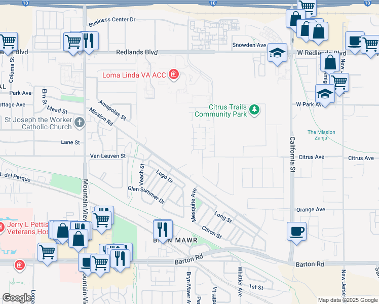 map of restaurants, bars, coffee shops, grocery stores, and more near 26109 Mercury Drive in Loma Linda