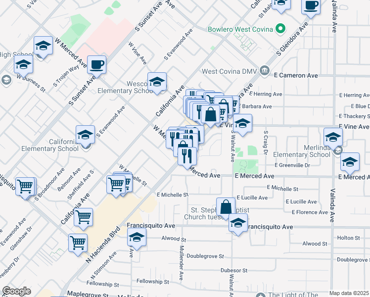 map of restaurants, bars, coffee shops, grocery stores, and more near 1131 South Glendora Avenue in West Covina