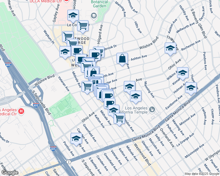 map of restaurants, bars, coffee shops, grocery stores, and more near 10821 Wilkins Avenue in Los Angeles