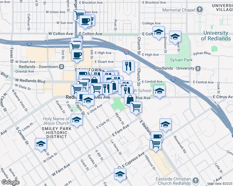 map of restaurants, bars, coffee shops, grocery stores, and more near 160 9th Street in Redlands