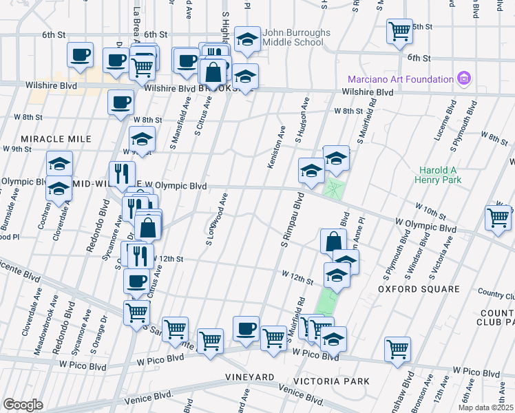 map of restaurants, bars, coffee shops, grocery stores, and more near 1034 Keniston Avenue in Los Angeles