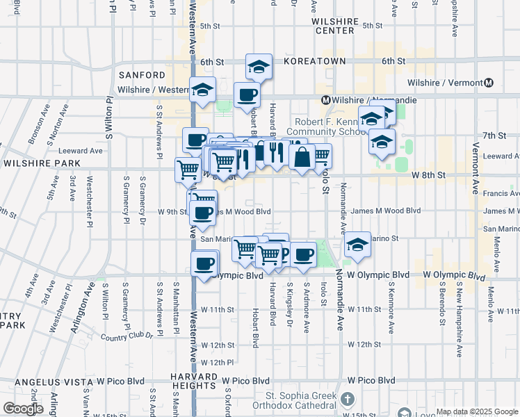 map of restaurants, bars, coffee shops, grocery stores, and more near 858 South Hobart Boulevard in Los Angeles