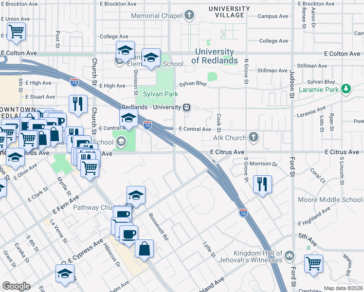 map of restaurants, bars, coffee shops, grocery stores, and more near Christopher Columbus Transcontinental Hwy in Redlands