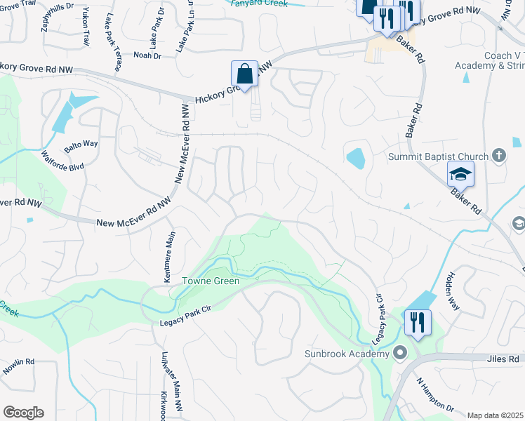 map of restaurants, bars, coffee shops, grocery stores, and more near 4257 Revere Walk in Kennesaw