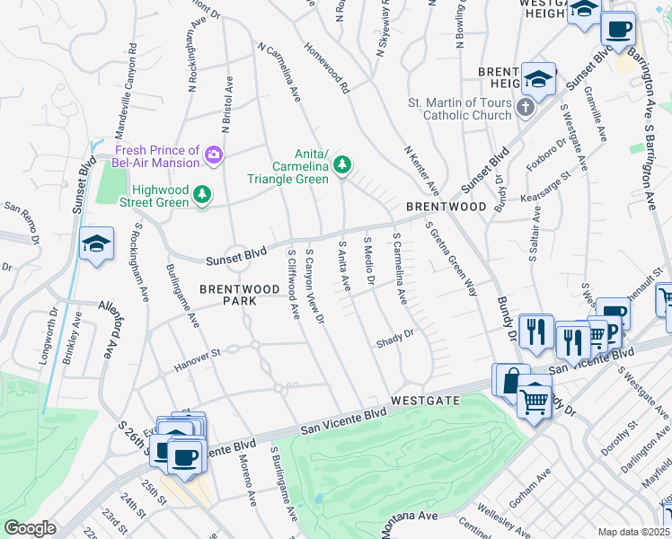 map of restaurants, bars, coffee shops, grocery stores, and more near 139 South Anita Avenue in Los Angeles
