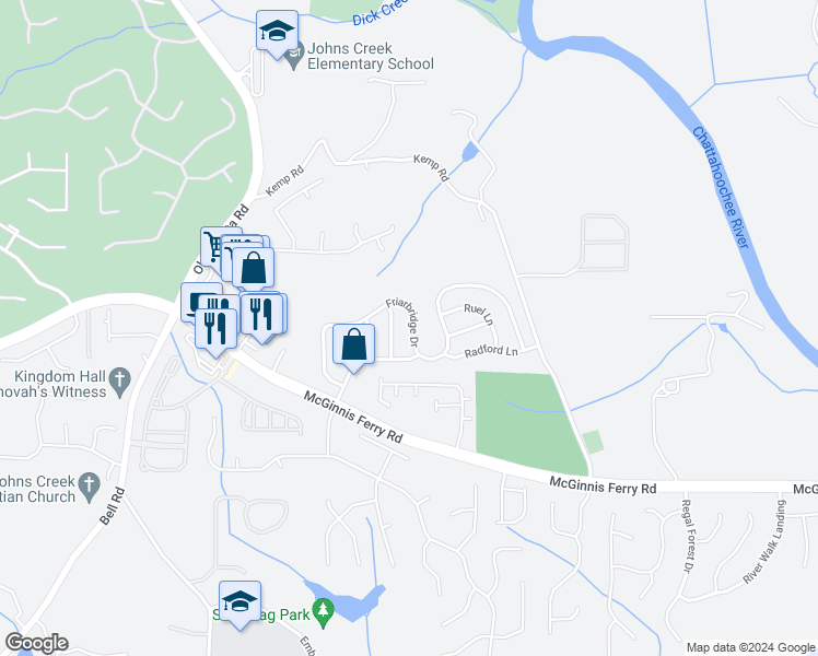 map of restaurants, bars, coffee shops, grocery stores, and more near 8490 Friarbridge Drive in Suwanee