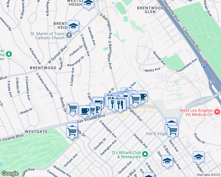map of restaurants, bars, coffee shops, grocery stores, and more near 11721 Chenault Street in Los Angeles