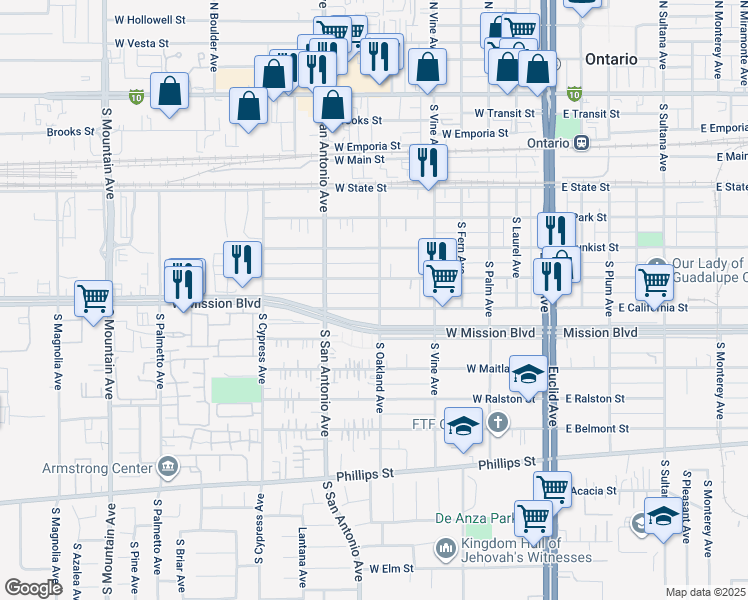 map of restaurants, bars, coffee shops, grocery stores, and more near 604 West California Street in Ontario