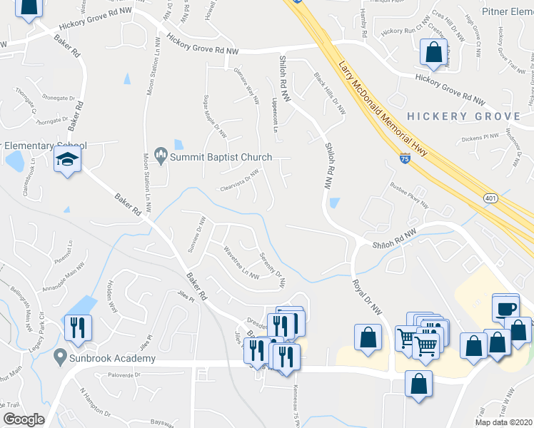 map of restaurants, bars, coffee shops, grocery stores, and more near 4104 Glenaire Way Northwest in Acworth