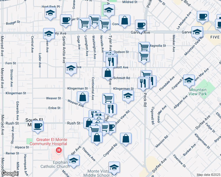 map of restaurants, bars, coffee shops, grocery stores, and more near Tyler Ave & Klingerman St in South El Monte