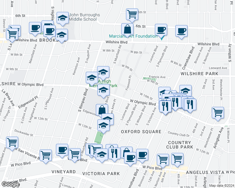 map of restaurants, bars, coffee shops, grocery stores, and more near 136 Fremont Place in Los Angeles