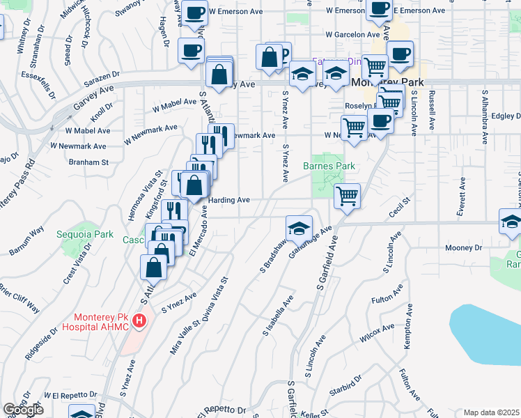 map of restaurants, bars, coffee shops, grocery stores, and more near 515 South Ynez Avenue in Monterey Park