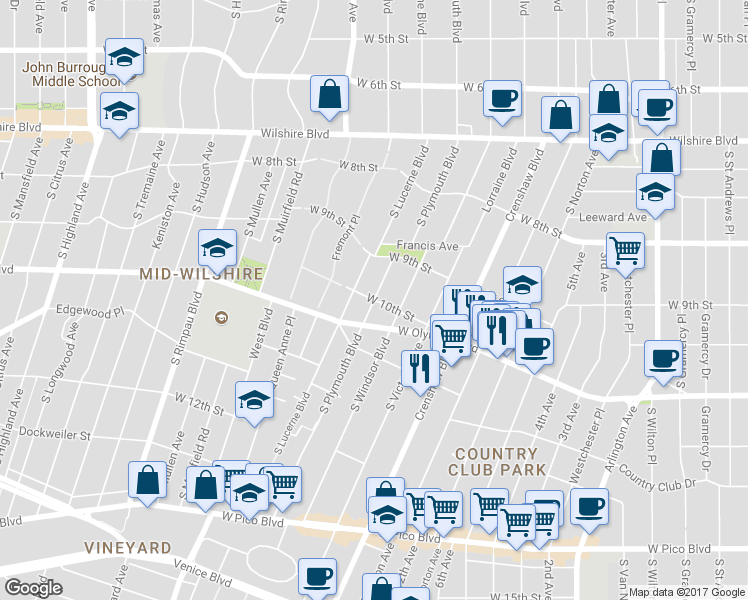 map of restaurants, bars, coffee shops, grocery stores, and more near West 10th Street in Los Angeles
