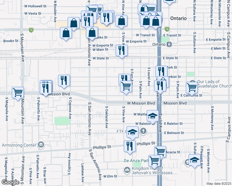 map of restaurants, bars, coffee shops, grocery stores, and more near 536 West California Street in Ontario