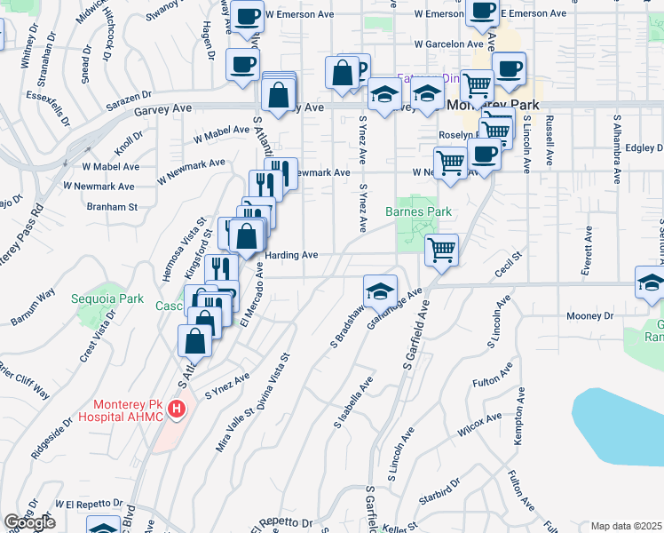 map of restaurants, bars, coffee shops, grocery stores, and more near 515 South Ynez Avenue in Monterey Park