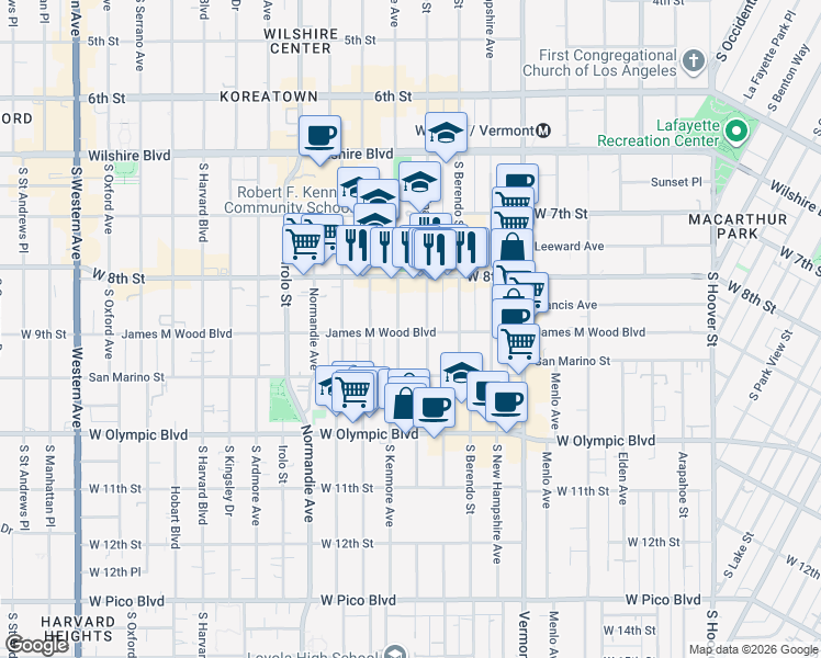 map of restaurants, bars, coffee shops, grocery stores, and more near 3047 James M Wood Boulevard in Los Angeles