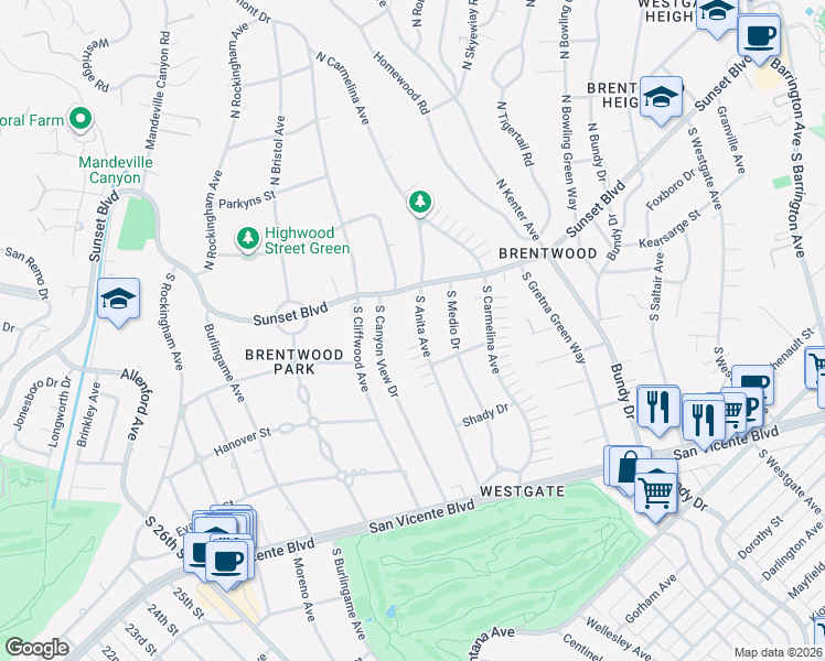map of restaurants, bars, coffee shops, grocery stores, and more near 139 South Anita Avenue in Los Angeles