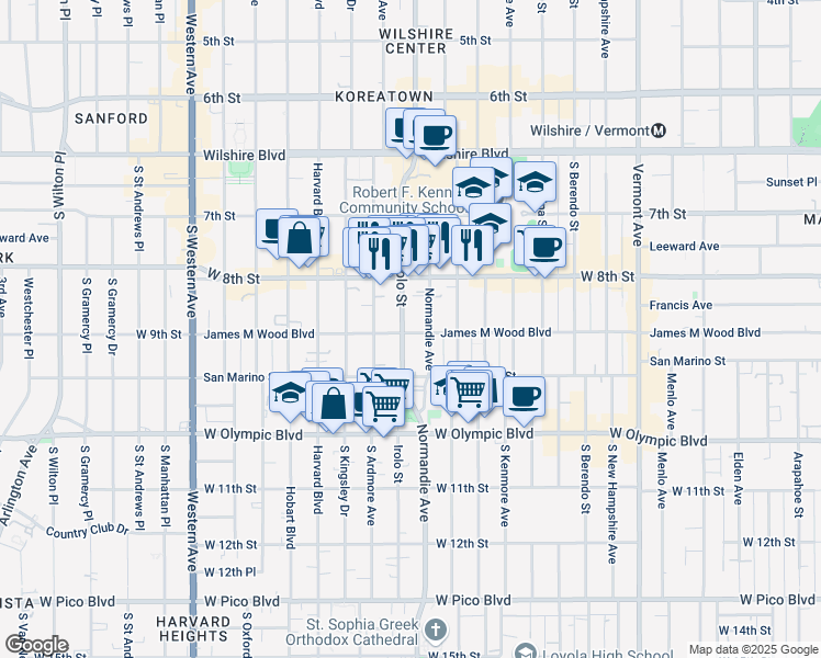 map of restaurants, bars, coffee shops, grocery stores, and more near 3219 James M Wood Boulevard in Los Angeles