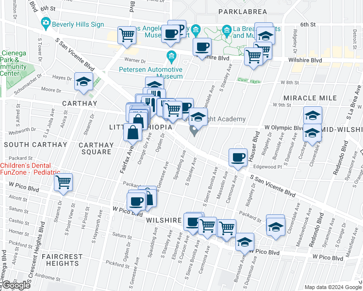 map of restaurants, bars, coffee shops, grocery stores, and more near 5906 San Vicente Boulevard in Los Angeles