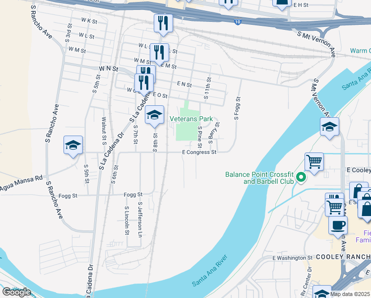 map of restaurants, bars, coffee shops, grocery stores, and more near 293 East Congress Street in Colton