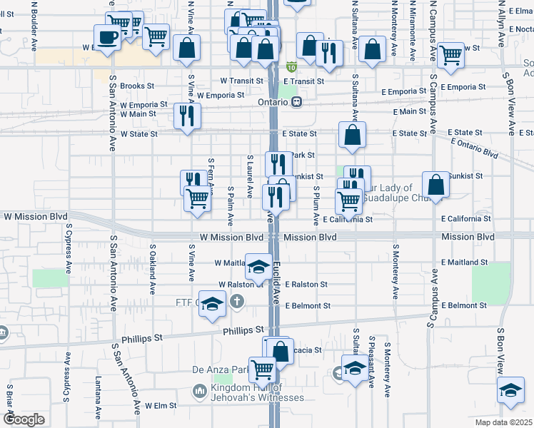 map of restaurants, bars, coffee shops, grocery stores, and more near 102 West California Street in Ontario