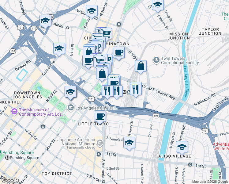 map of restaurants, bars, coffee shops, grocery stores, and more near 800 North Alameda Street in Los Angeles