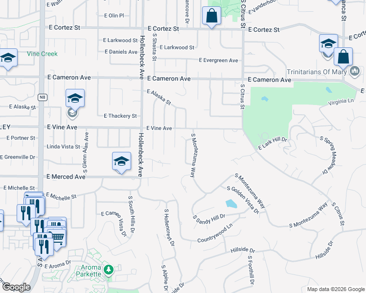 map of restaurants, bars, coffee shops, grocery stores, and more near 1021 South Dancove Drive in West Covina