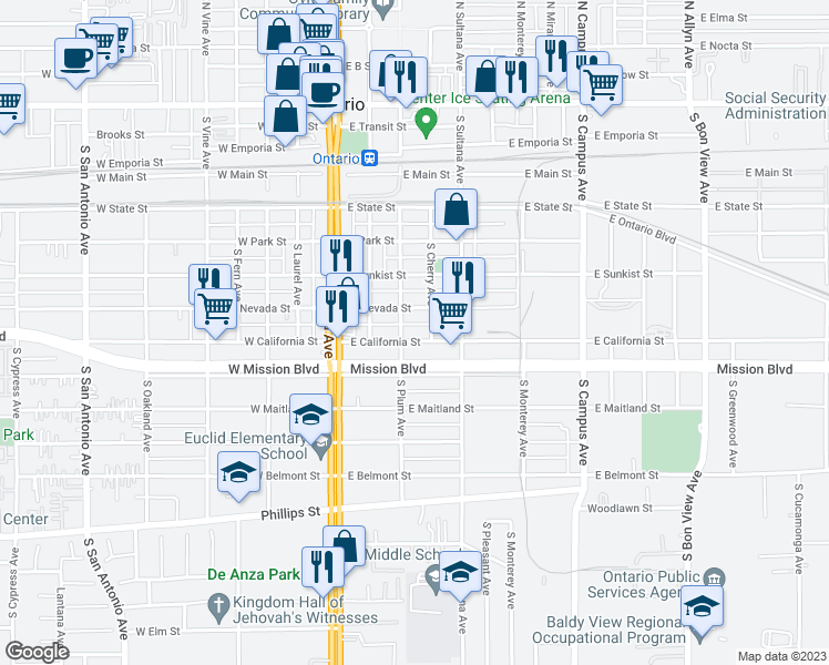 map of restaurants, bars, coffee shops, grocery stores, and more near 309 East California Street in Ontario