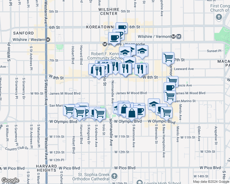 map of restaurants, bars, coffee shops, grocery stores, and more near 854 Normandie Avenue in Los Angeles