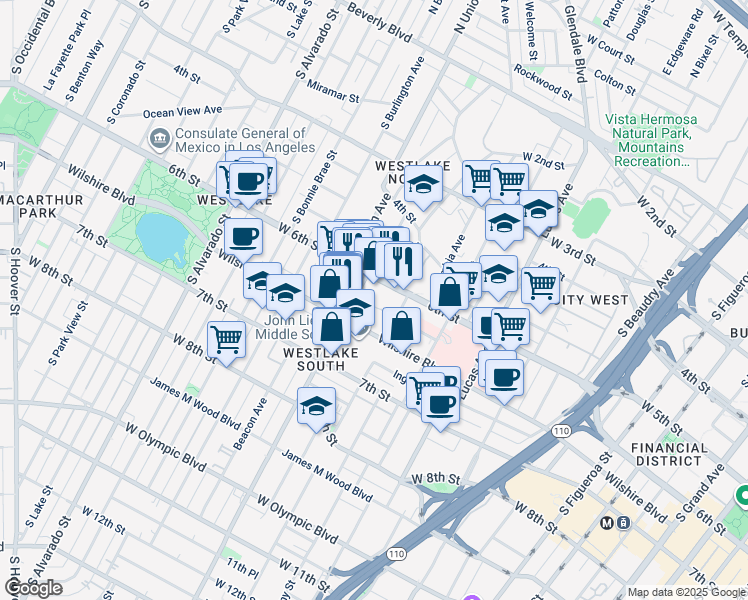 map of restaurants, bars, coffee shops, grocery stores, and more near 620 South Union Avenue in Los Angeles