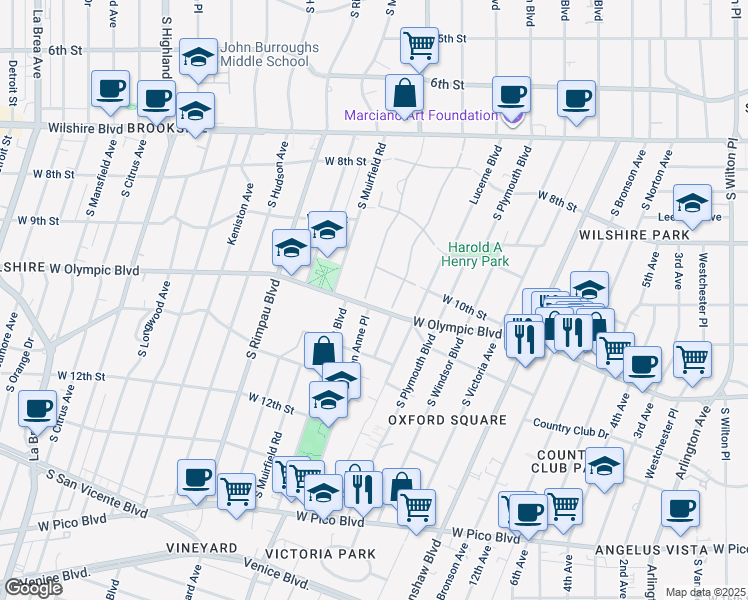 map of restaurants, bars, coffee shops, grocery stores, and more near 136 Fremont Place in Los Angeles