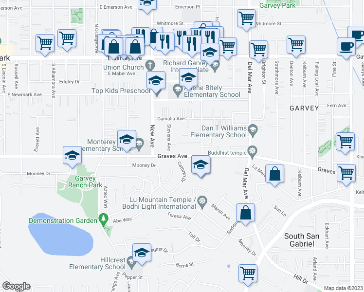 map of restaurants, bars, coffee shops, grocery stores, and more near 7512 Melrose Avenue in Rosemead