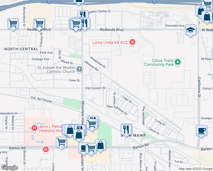 map of restaurants, bars, coffee shops, grocery stores, and more near 10888 Sinclare Circle in Loma Linda
