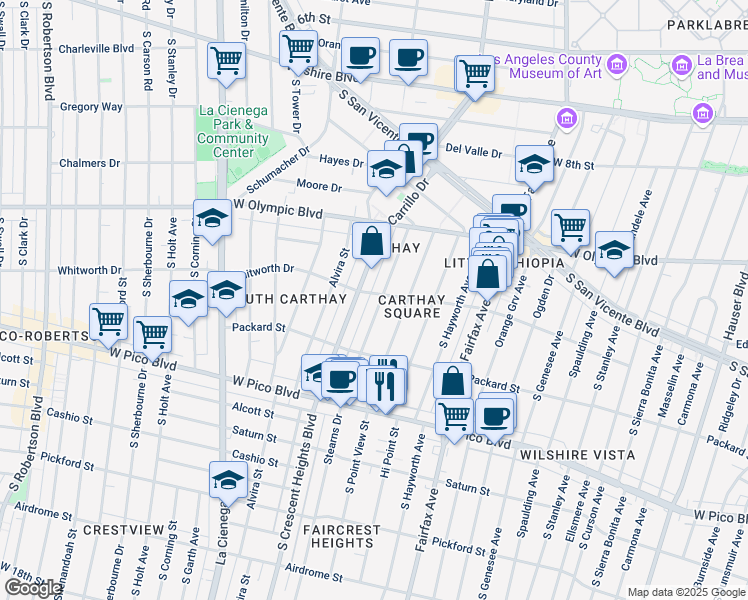 map of restaurants, bars, coffee shops, grocery stores, and more near 1111 Stearns Drive in Los Angeles