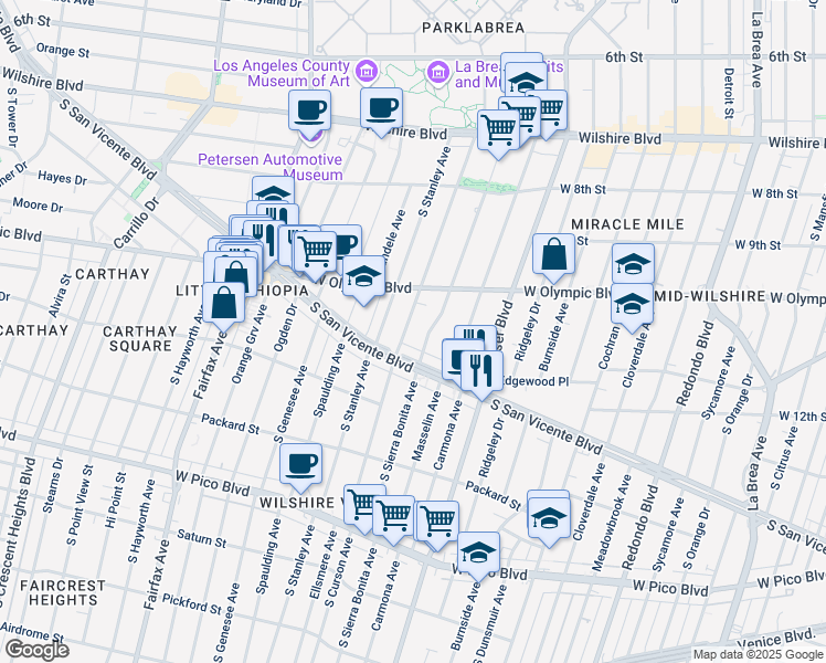 map of restaurants, bars, coffee shops, grocery stores, and more near 1046 South Curson Avenue in Los Angeles