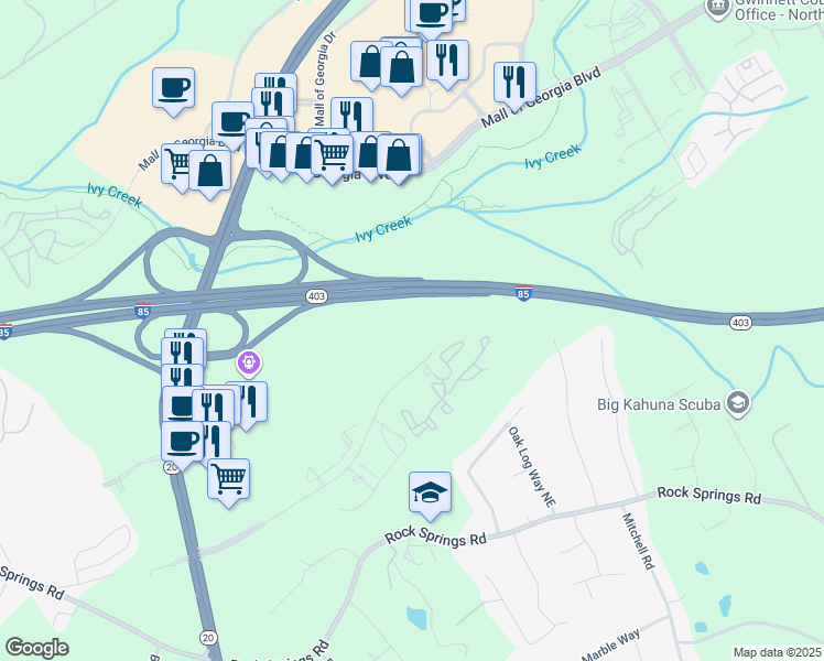 map of restaurants, bars, coffee shops, grocery stores, and more near 1525 Laurel Crossing Parkway Northeast in Buford
