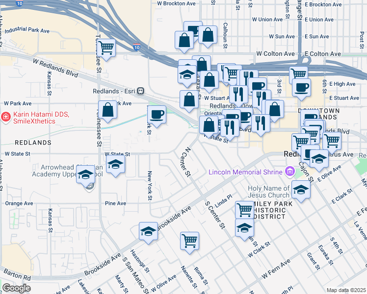 map of restaurants, bars, coffee shops, grocery stores, and more near 192 North Center Place in Redlands