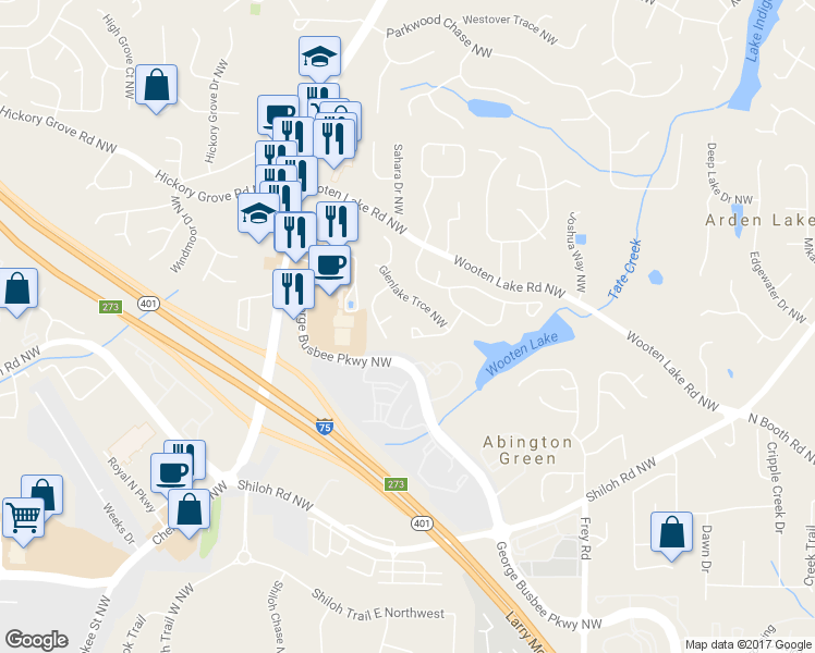 map of restaurants, bars, coffee shops, grocery stores, and more near 4119 Glenlake Terrace Northwest in Kennesaw