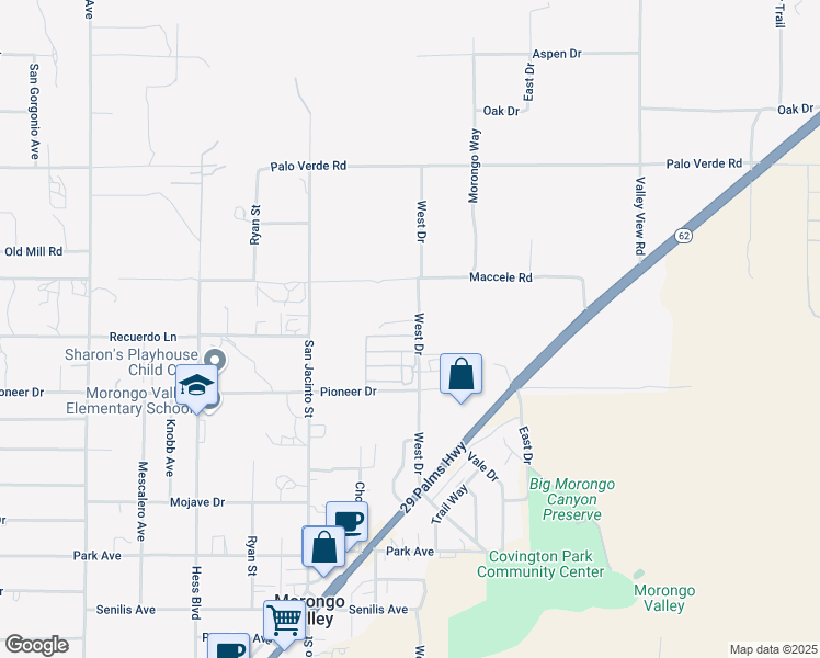 map of restaurants, bars, coffee shops, grocery stores, and more near 10888 West Drive in Morongo Valley