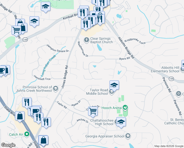 map of restaurants, bars, coffee shops, grocery stores, and more near 4925 Byers Road in Alpharetta