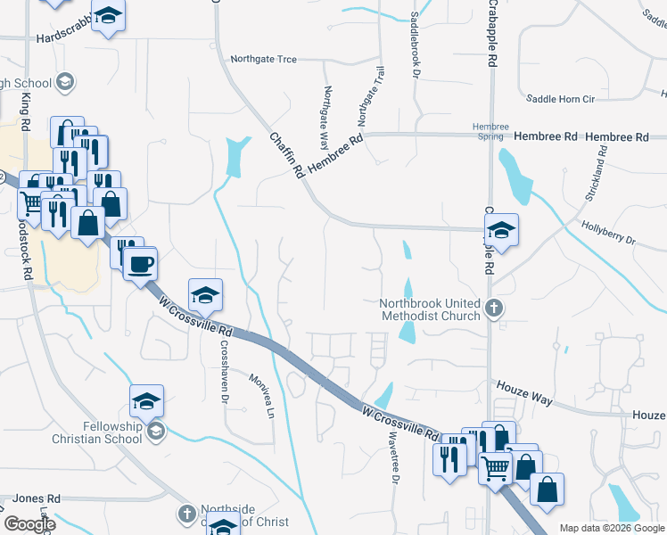 map of restaurants, bars, coffee shops, grocery stores, and more near 11305 Cranwood Cove in Roswell