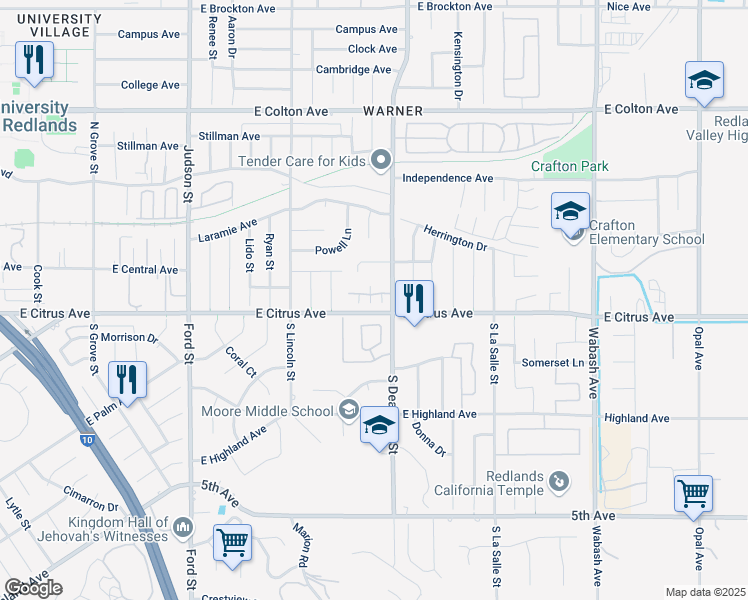 map of restaurants, bars, coffee shops, grocery stores, and more near 1584 Christopher Lane in Redlands