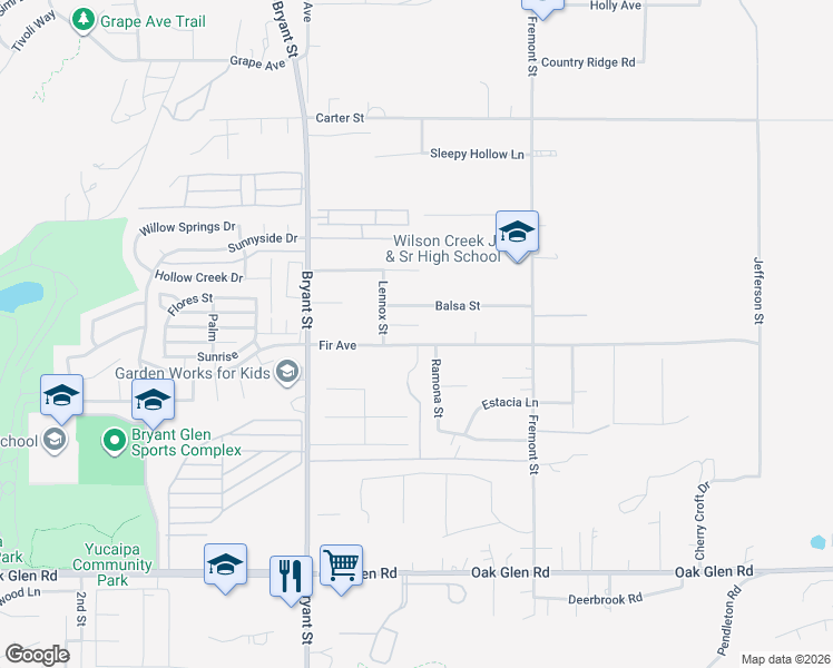 map of restaurants, bars, coffee shops, grocery stores, and more near 35502 Fir Avenue in Yucaipa